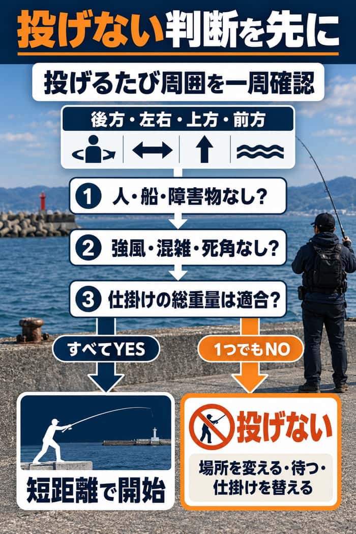 キャスト前の安全判断フロー。周囲、風や混雑、仕掛け重量を確認し、危険があれば投げない選択を示す。