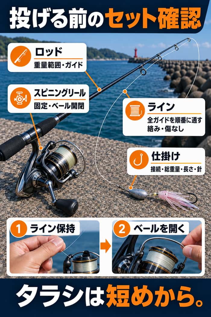 ロッド、スピニングリール、ライン、仕掛けの接続と、ライン保持からベールを開くまでの確認順を示す。