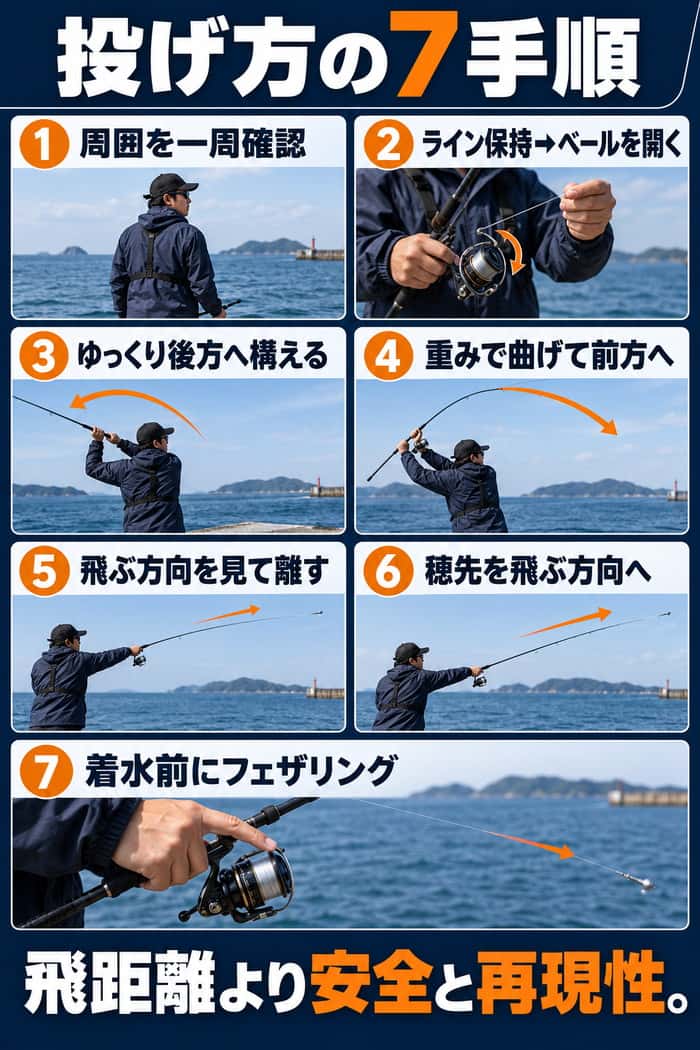 オーバーヘッドキャストの7手順。周囲確認、ライン保持、振り抜き、リリース、フェザリングまでを順に示す。