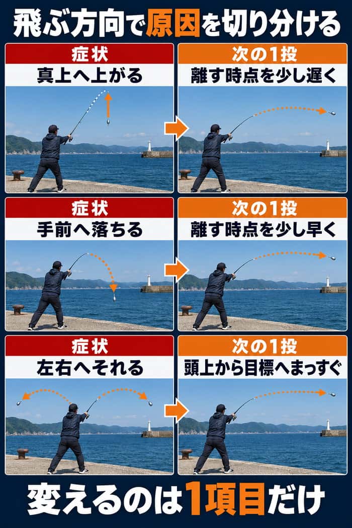 仕掛けが真上、手前、左右へ飛ぶ症状と、次の1投で調整する項目を対応させて示す。