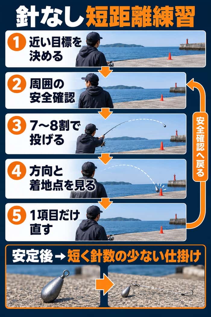 針のない練習用シンカーによる短距離練習。目標設定から1項目修正までの反復と実釣へ進む条件を示す。