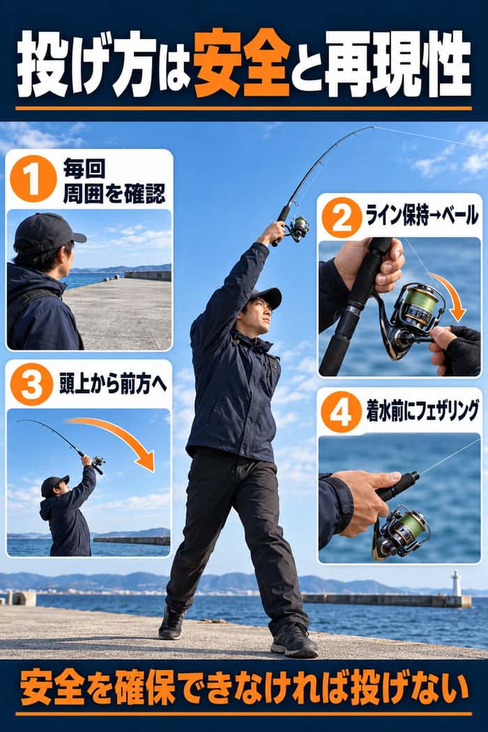 海釣り初心者の投げ方の要点。周囲確認、ライン保持、頭上から前方への軌道、着水前のフェザリングを示す。