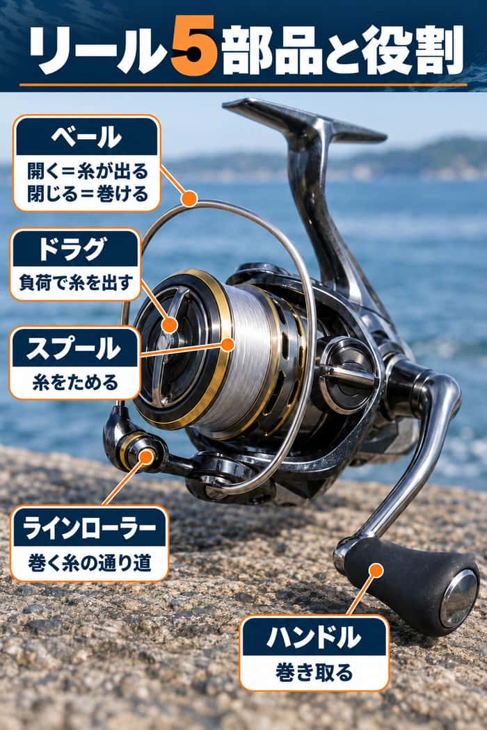 スピニングリールの部品図。ハンドル、ベール、スプール、ラインローラー、ドラグの位置と役割を示す。