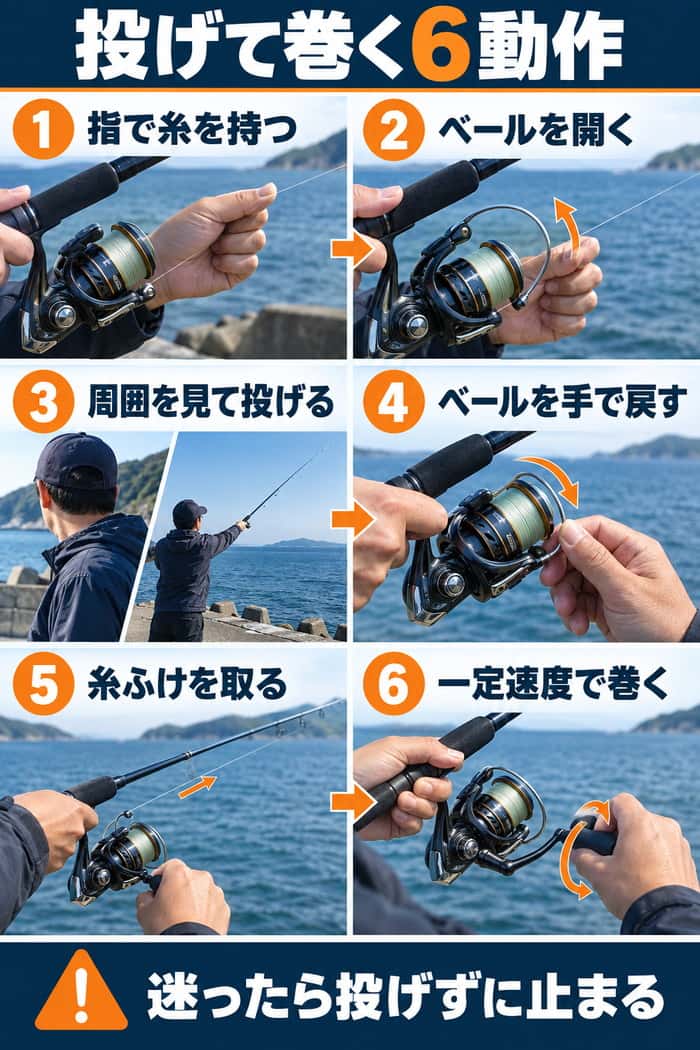 スピニングリールで投げて巻く6動作。糸を指で持つところから、一定速度で巻くまでの順番を示す。