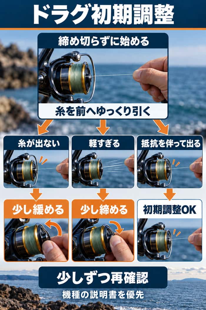 ドラグ初期調整の分岐図。糸の出方に応じて少し緩める、少し締める、調整完了を判断する流れを示す。
