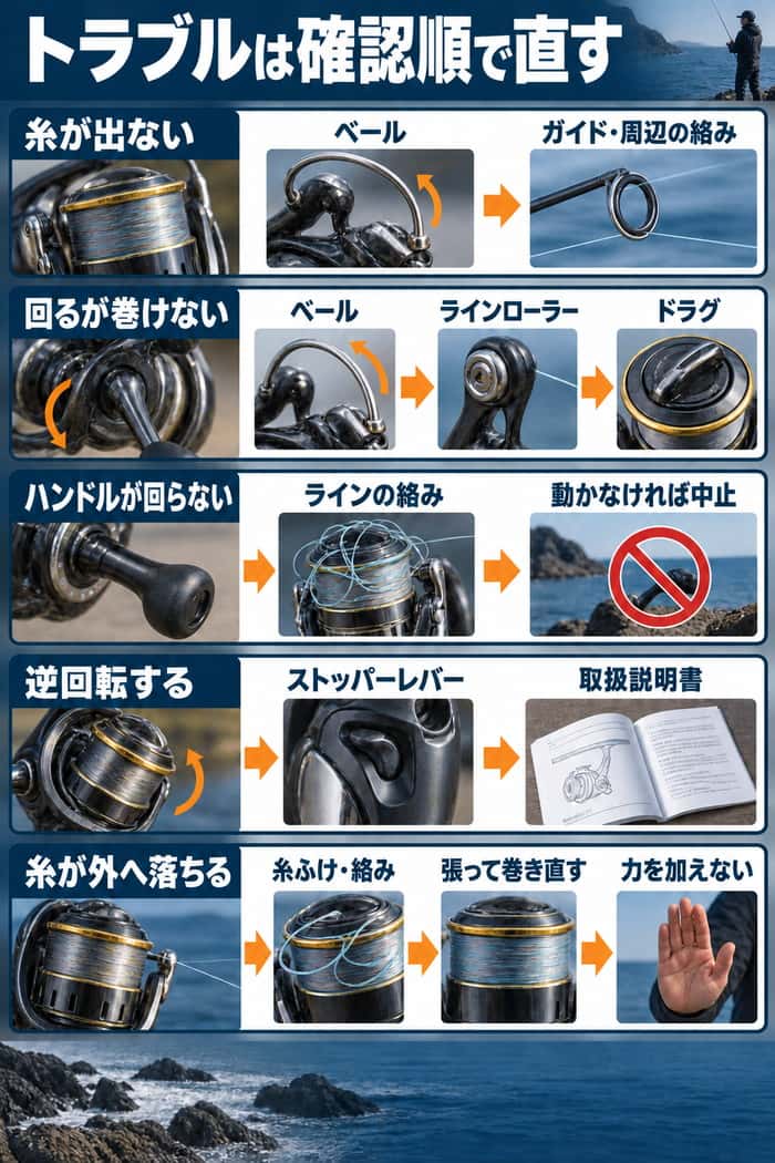 スピニングリールの症状別確認図。糸が出ない、巻けない、逆回転、糸落ちなどの確認順を示す。