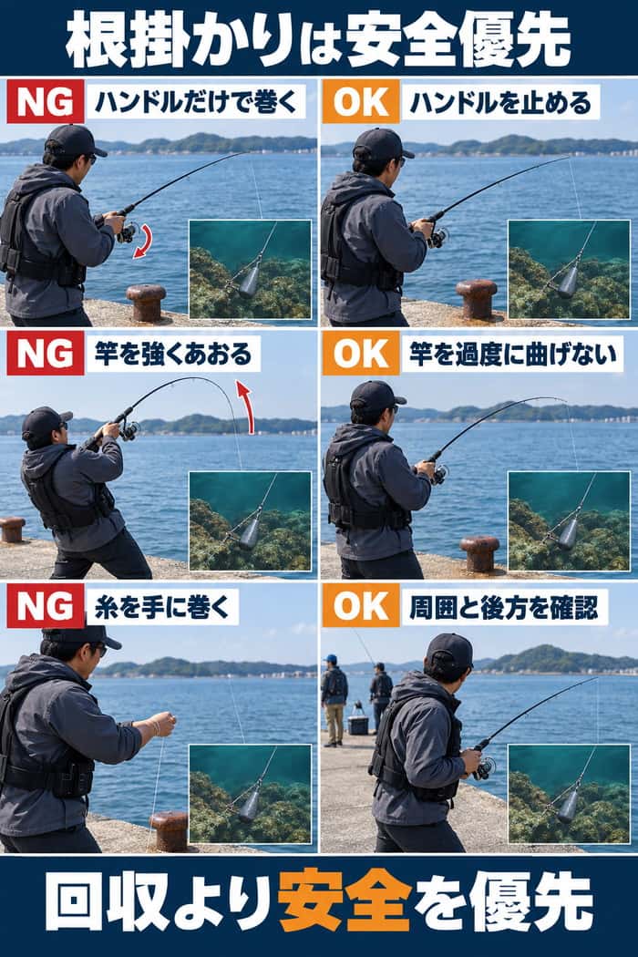 根掛かり時のNGとOK比較。無理に巻く、竿をあおる、糸を手に巻く行動を避け、安全確認する対処を示す。