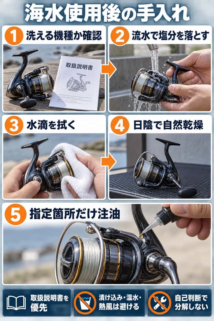 海水使用後の手入れ手順。機種確認、流水洗浄、拭き取り、日陰乾燥、指定箇所への注油を順に示す。