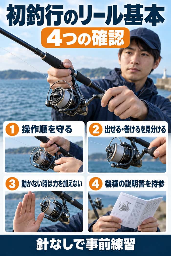 初釣行前のリール確認4項目。操作順、状態判断、力を加えない対応、説明書の持参をまとめる。