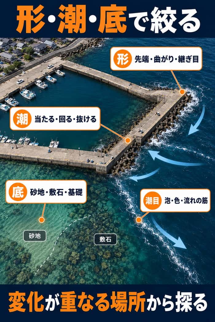 堤防の俯瞰図。先端・曲がり・継ぎ目、潮の向き、砂地と敷石の境目を重ね、変化が重なる場所を示す。