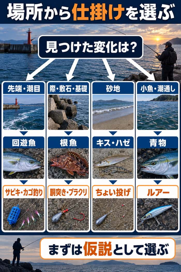 場所から魚と仕掛けを選ぶ図。先端・潮目、際・敷石、砂地、小魚と潮通しの4条件を仕掛けへ対応づける。