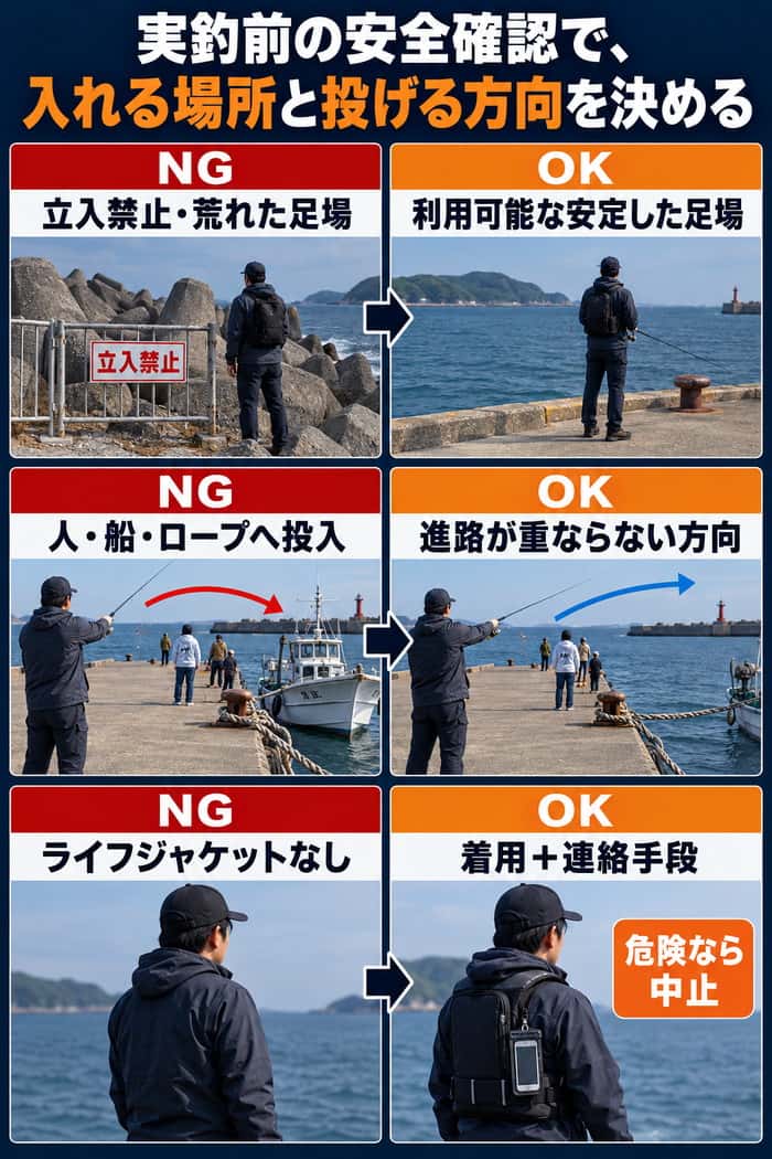 堤防での安全確認をNGとOKで比較。足場、投入方向、ライフジャケットと連絡手段の違いを示す。