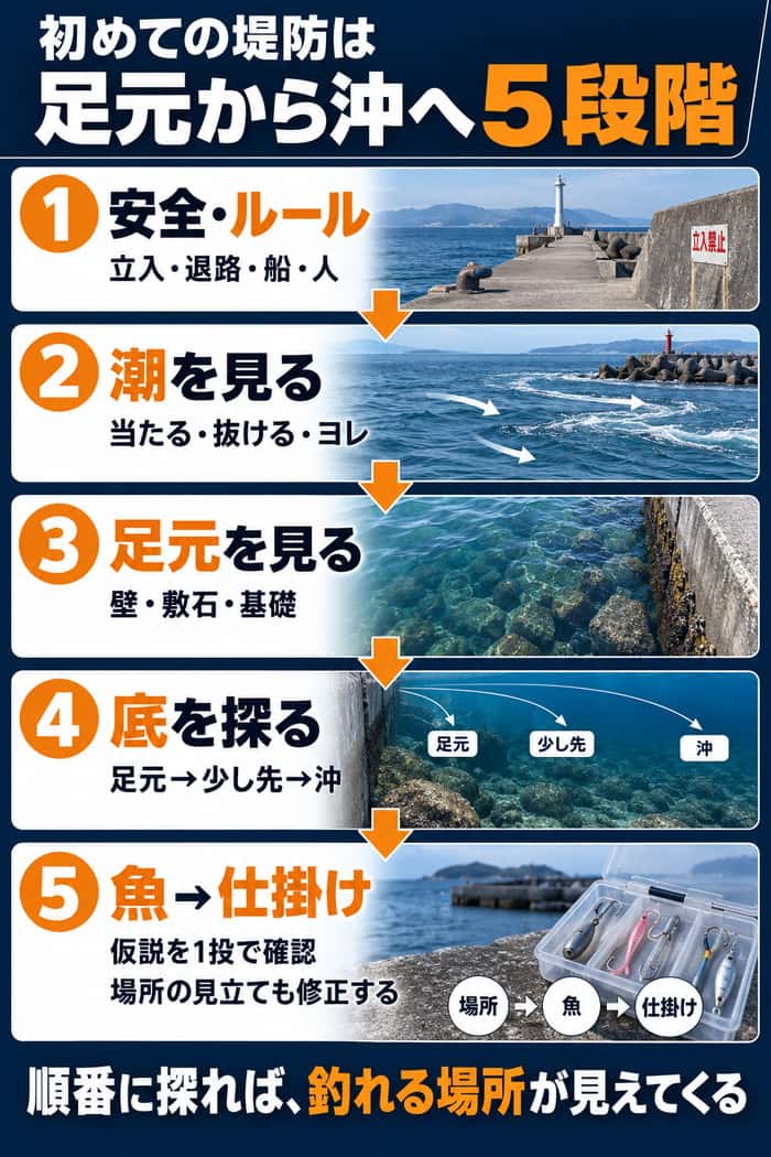 初めての堤防を探る5段階。安全確認、潮、足元、底、魚と仕掛けの順に観察し、1投で仮説を確かめる。