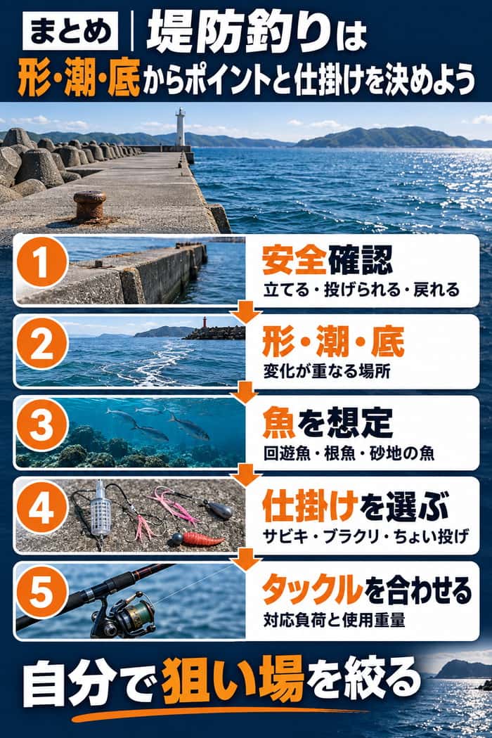 堤防釣りの判断順を要約。安全確認から形・潮・底、魚、仕掛け、タックルへ進み、自分で狙い場を絞る。