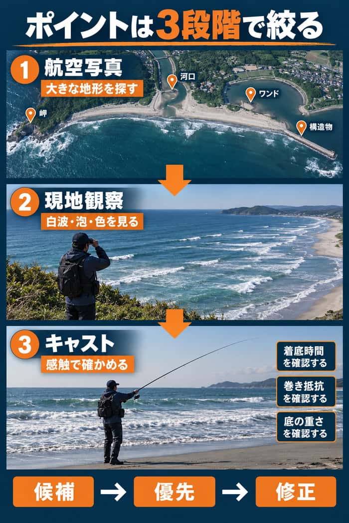 サーフのポイントを絞る3段階。航空写真で候補を探し、現地で白波・泡・色を観察し、キャストの感触で確かめる流れを示す。