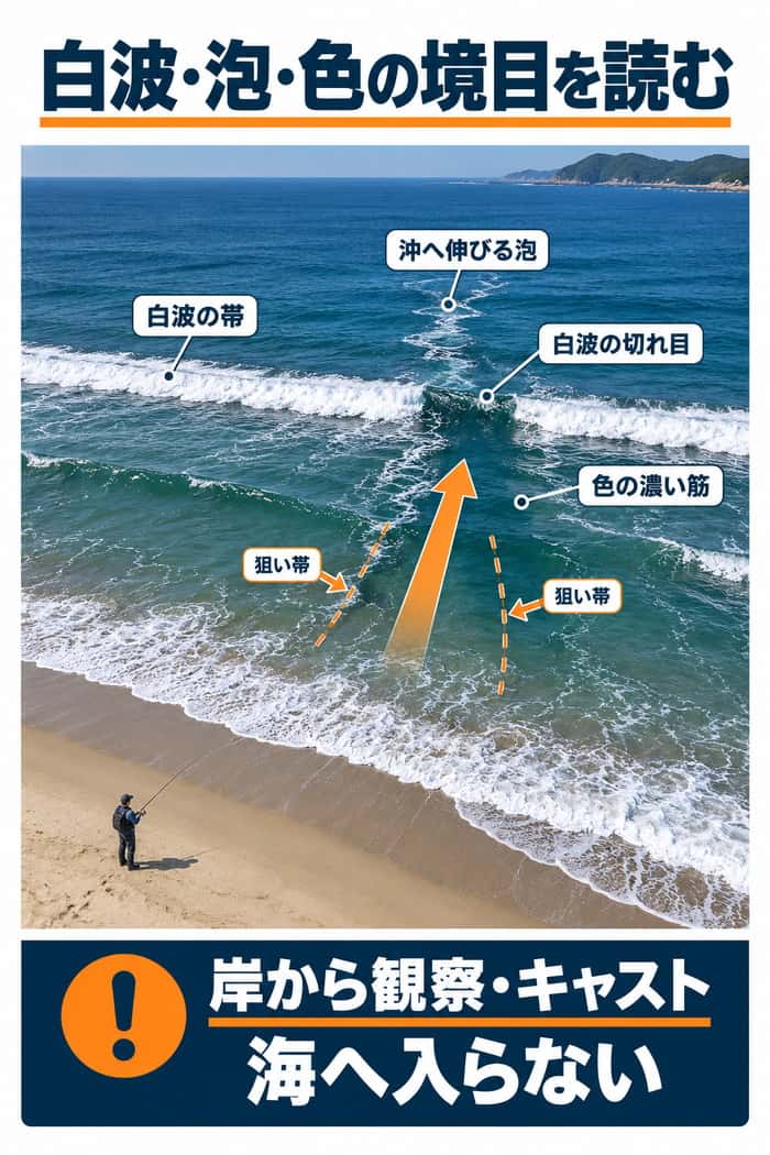 サーフの白波と払い出しの見方。白波の帯と切れ目、沖へ伸びる泡、濃い潮色、流れの両側の狙い帯を示す。