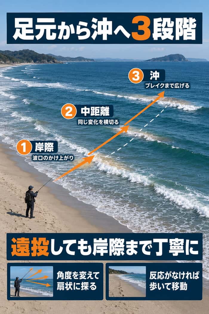 岸からの投射範囲を岸際、中距離、沖の3段階に分け、同じ地形変化を近い場所から順に探る方法を示す。