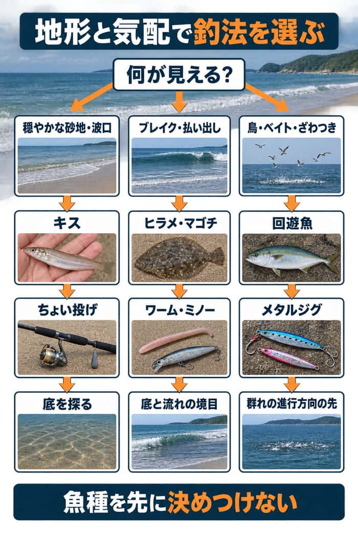 サーフで見える変化から釣法を選ぶ流れ。砂地はキスのちょい投げ、ブレイクはヒラメ・マゴチ、鳥やベイトは回遊魚へ対応させる。