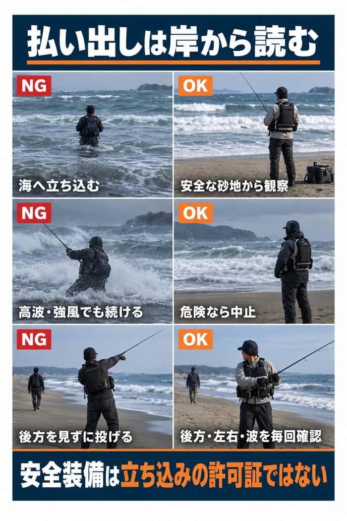 サーフ釣りの安全な行動比較。立ち込み、高波や強風時の続行、後方確認なしの投射を避け、岸からの観察と中止判断、毎回の周囲確認を示す。