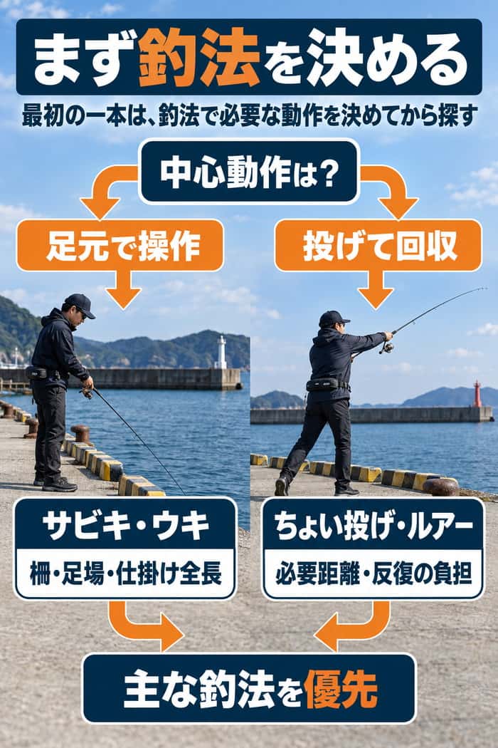 最初の釣法を決める選択図。足元で操作するサビキ・ウキと、投げて回収するちょい投げ・ルアーで確認条件が異なることを示す。