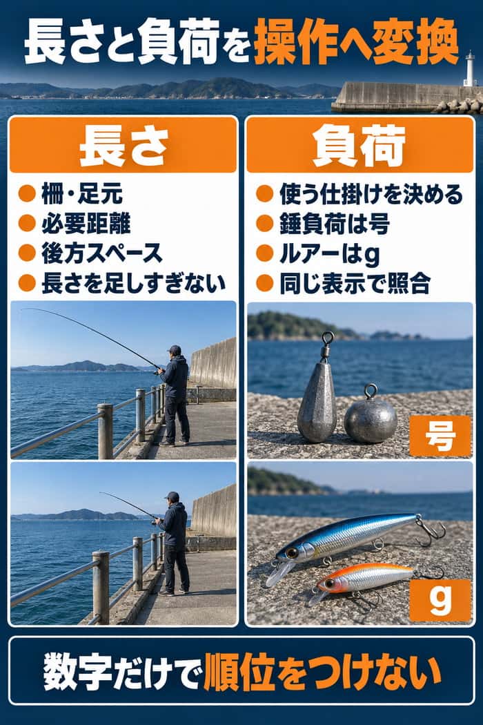 竿の長さと負荷表示の比較図。長さは釣り場の空間、負荷は使用する仕掛けと同じ単位で照合する流れを示す。