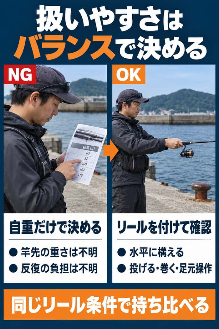 竿の扱いやすさのNG・OK比較。自重だけで決めず、同じリールを付けて水平保持や反復動作を確かめることを示す。