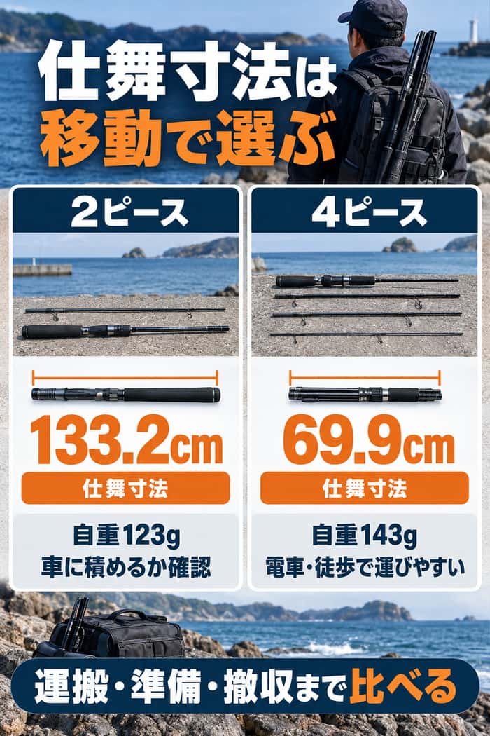 同じ全長の2ピース竿と4ピース竿の比較。仕舞寸法と自重の違いから、移動・準備・撤収まで比べることを示す。