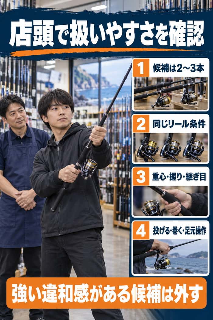 店頭で竿を確かめる4段階。候補を絞り、同じリール条件で重心・握り・継ぎ目と基本動作を順に確認する。
