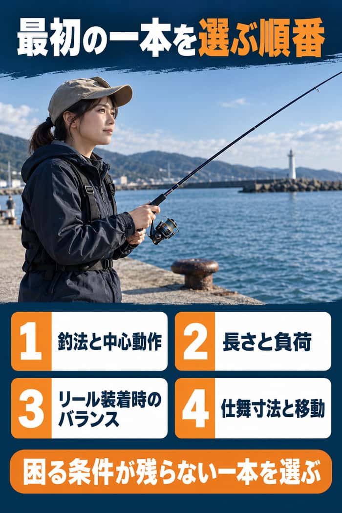 最初の海釣り竿を選ぶ順番。釣法、長さと負荷、リール装着時のバランス、仕舞寸法と移動を順に確認する。