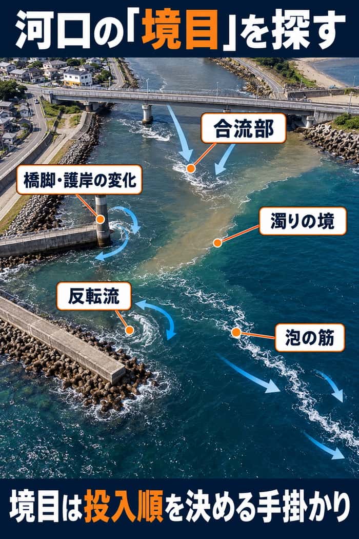 河口の俯瞰ポイント図。合流部、反転流、泡の筋、濁りの境、橋脚や護岸の変化を矢印とラベルで示す。