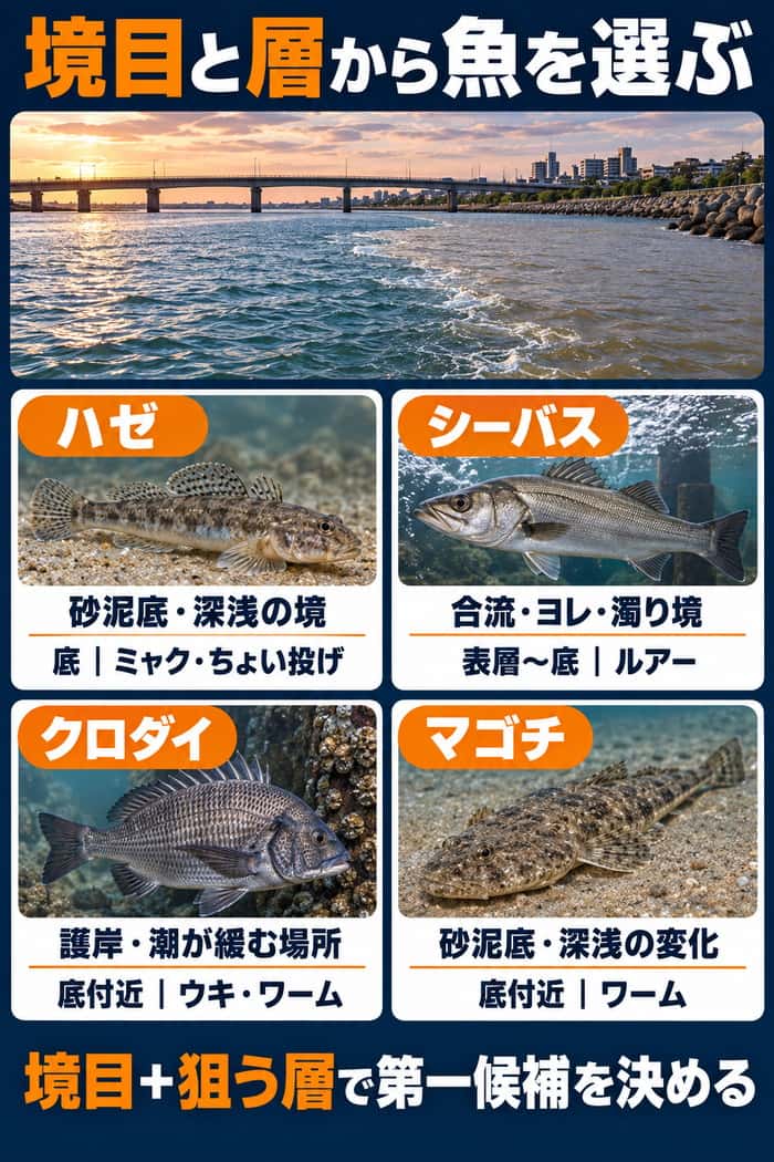河口で狙う4魚種の選び分け。ハゼ、シーバス、クロダイ、マゴチを境目、狙う層、釣り方と対応させて示す。