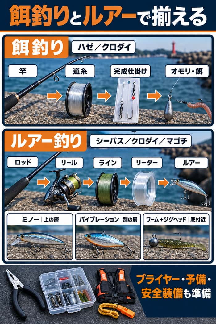 河口釣りの道具図。餌釣りとルアー釣りに分け、竿から仕掛けやルアーまでの接続順と必要な安全装備を示す。