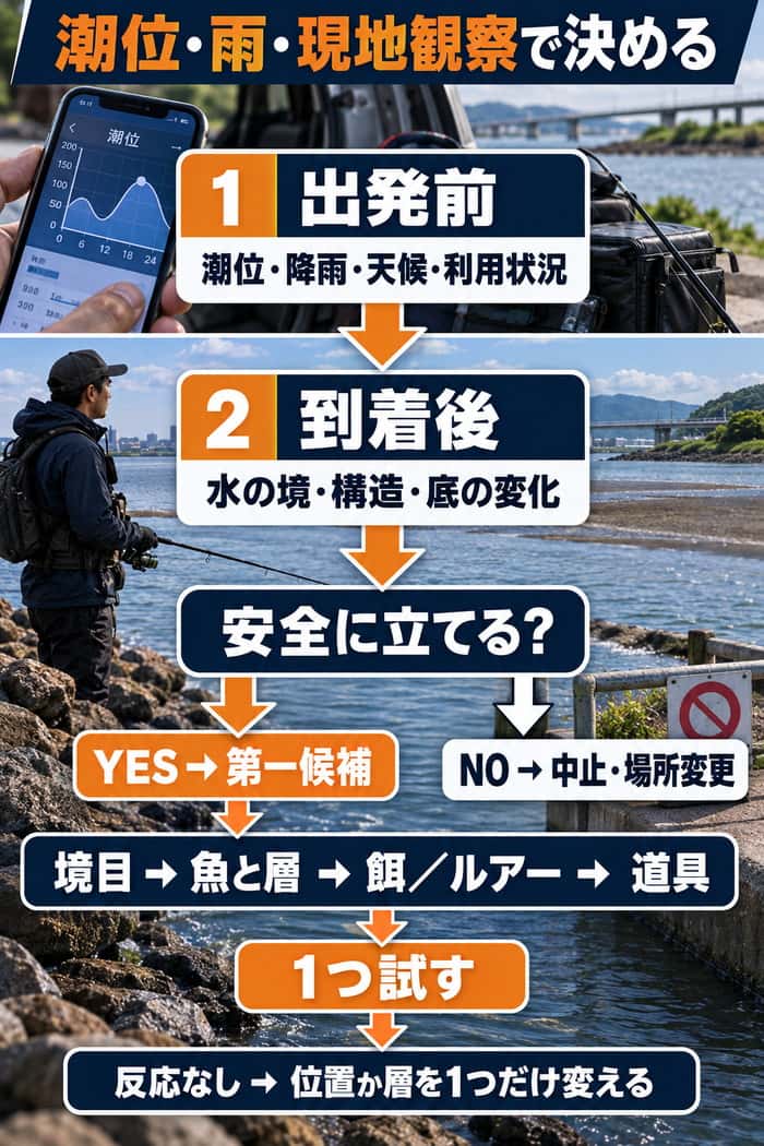 釣行当日の判断フロー。出発前の潮位や降雨確認から現地観察、安全確認、境目・魚・釣法・道具の選択までを示す。