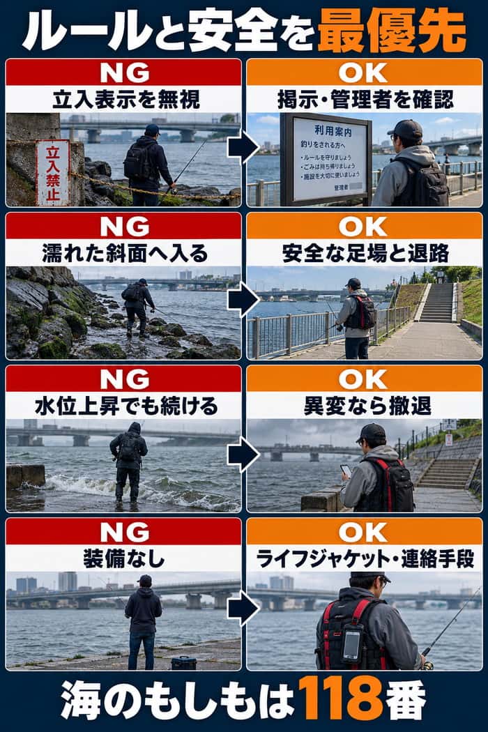河口釣りのNGとOK比較。立入表示、足場、水位変化、安全装備について、危険な行動と安全な対応を対比する。