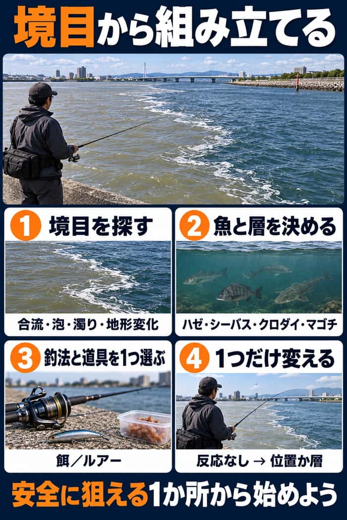 河口釣りの組み立て方。境目を探し、魚と層を決め、釣法と道具を1つ選び、反応がなければ位置か層だけを変える手順を示す。